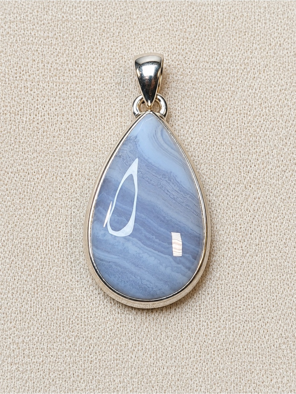 Blue Lace Agate Teardrop Pendant Necklace - Silver